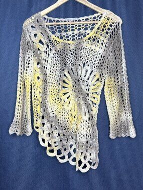 Tempo Paris Asymmetric Crocheted Top, Medium Tie Dyed Resort Beach Cottage